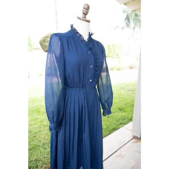 Vintage Navy Blue Sheer Cottage Core Prairie Dress Halloween Costume - Picture 2 of 10